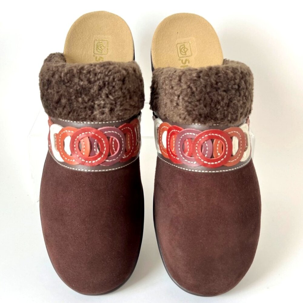 Spenco Womens Faux Fur-Lined Slip-On Clogs Size 8.5B Brown Red Comfort Shoes